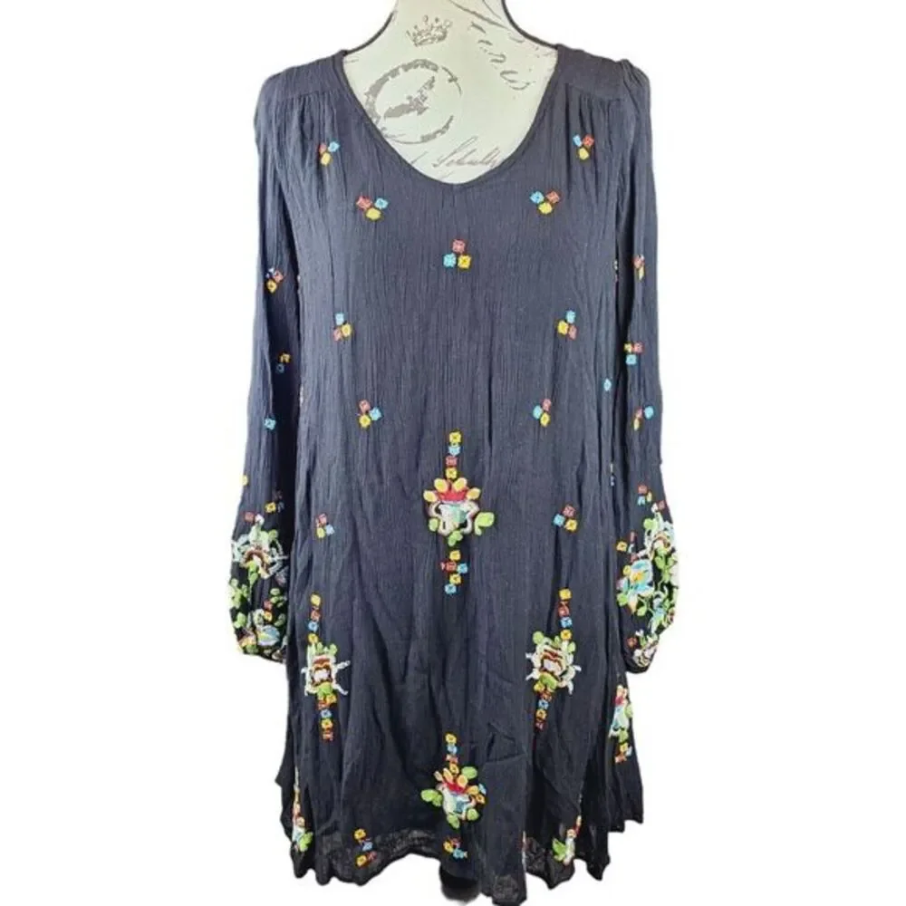 Free People Black Oxford Embroidered Long Sleeve Back Cut Out‎ Mini Dress Size S
